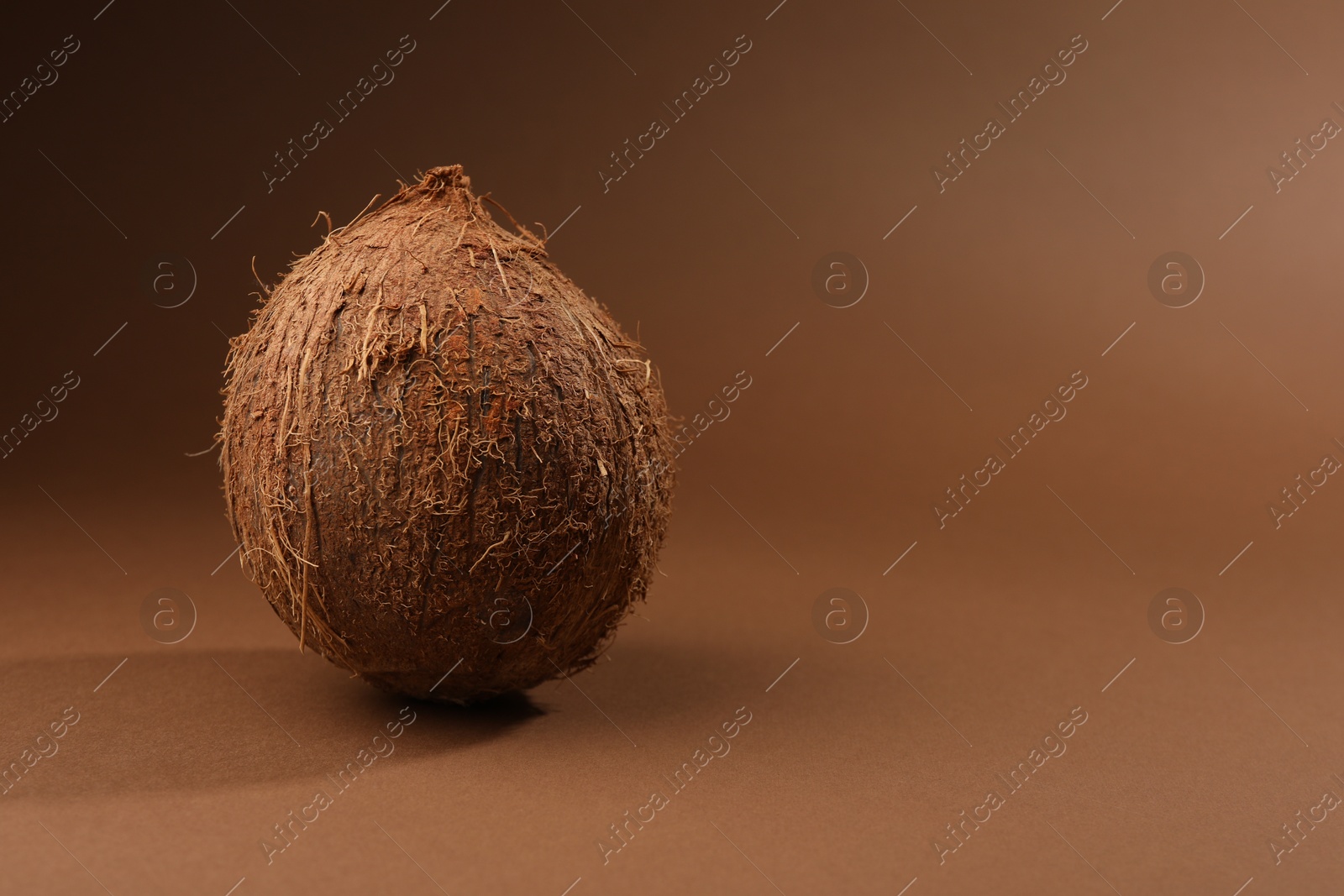 Photo of One whole coconut in shell on brown background, space for text