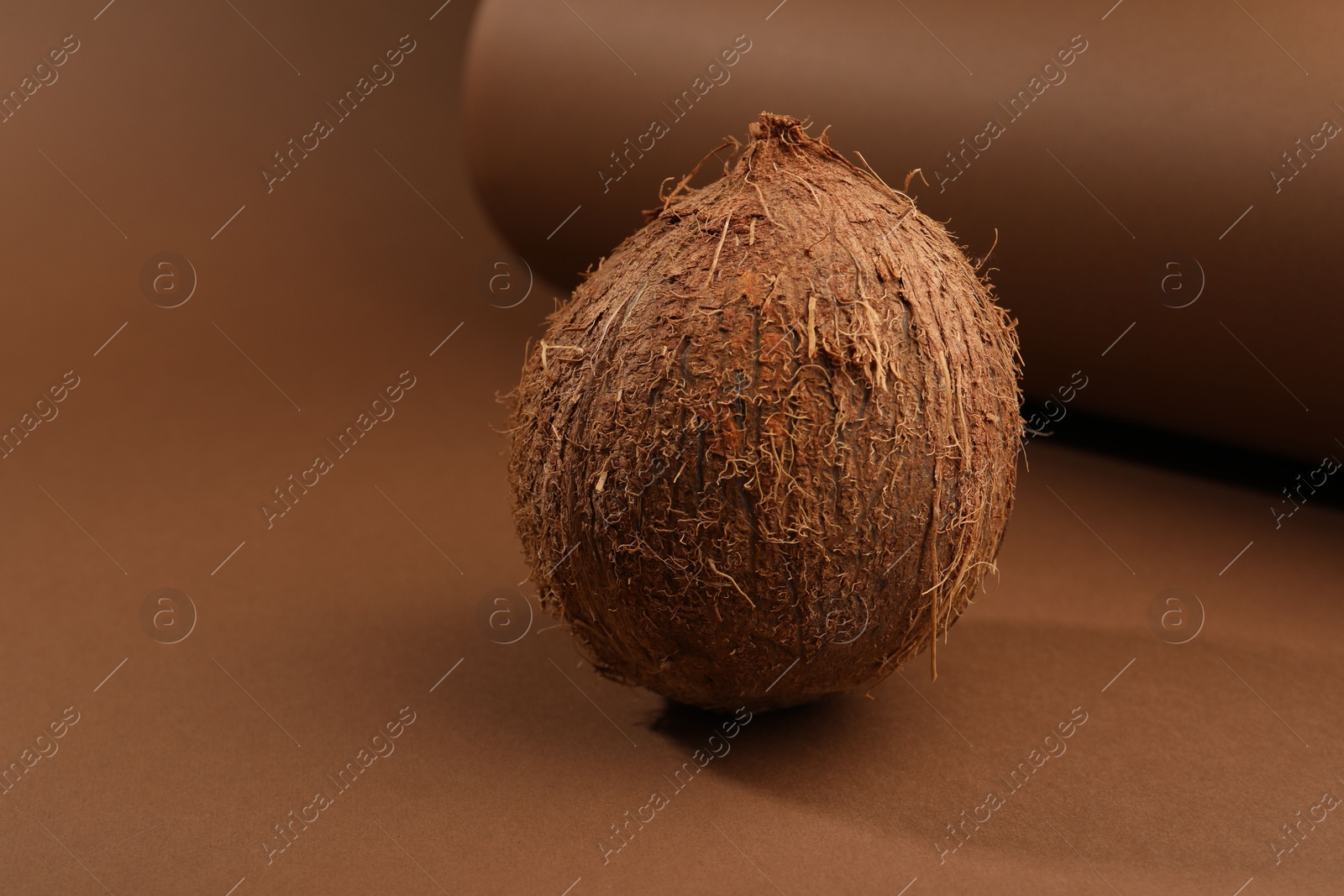 Photo of One whole coconut in shell on brown background, space for text