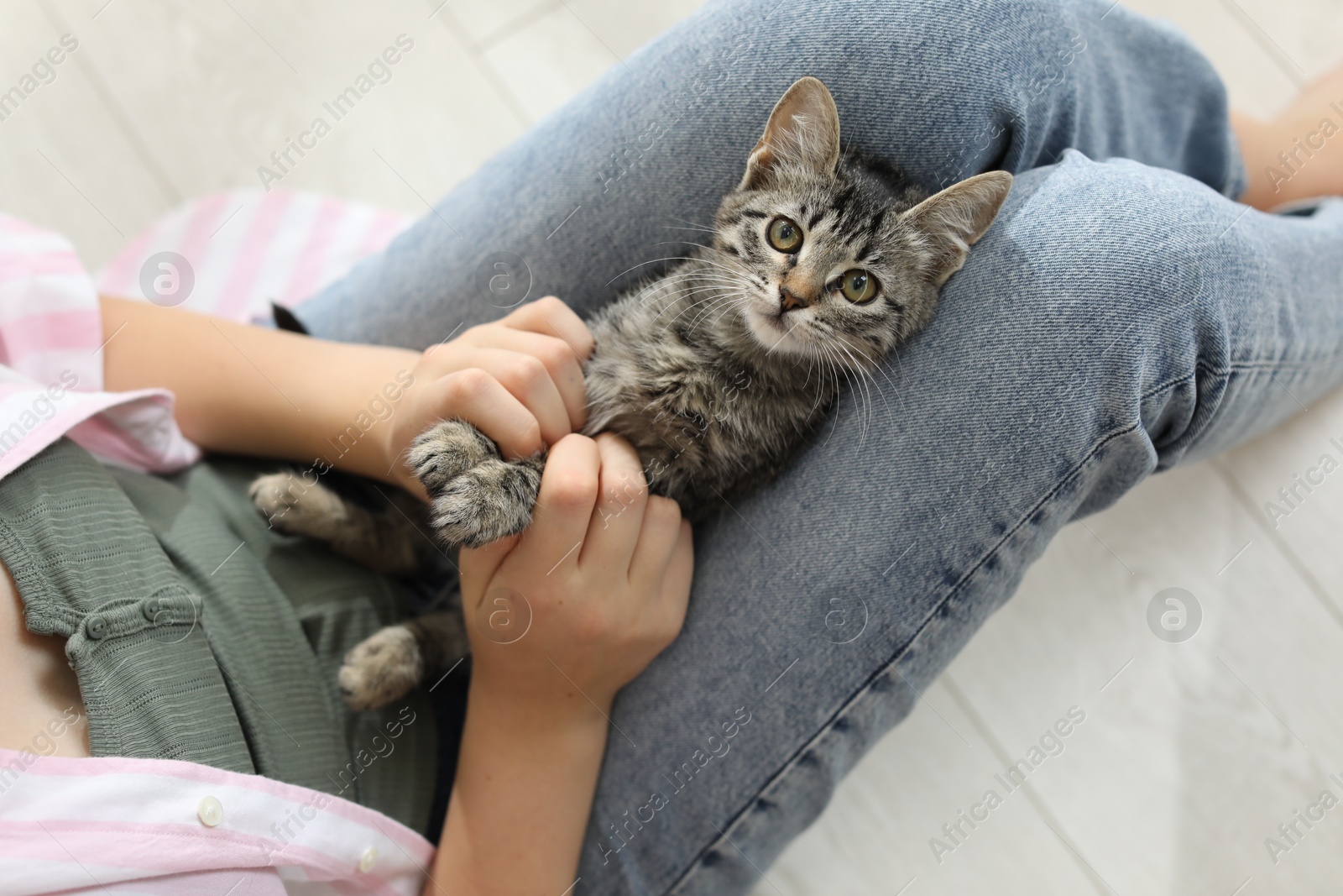 Photo of Teenage girl with cute cat on floor indoors, top view