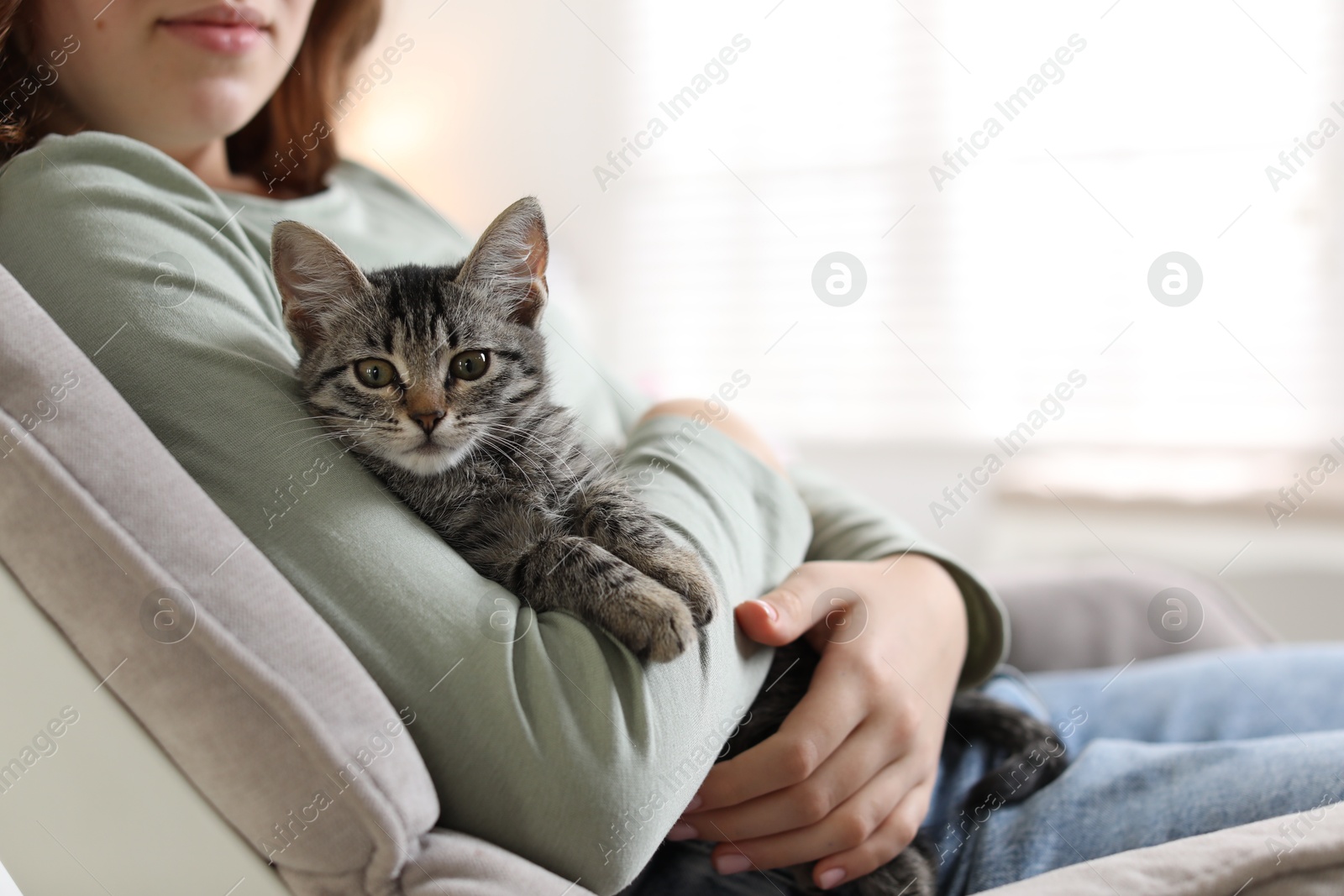 Photo of Teenage girl with cute cat on sofa at home, closeup