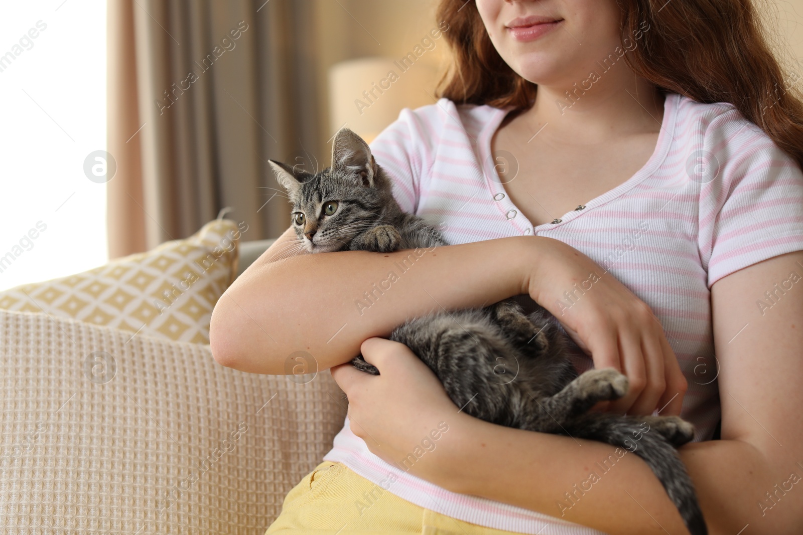 Photo of Teenage girl with cute cat on sofa at home, closeup