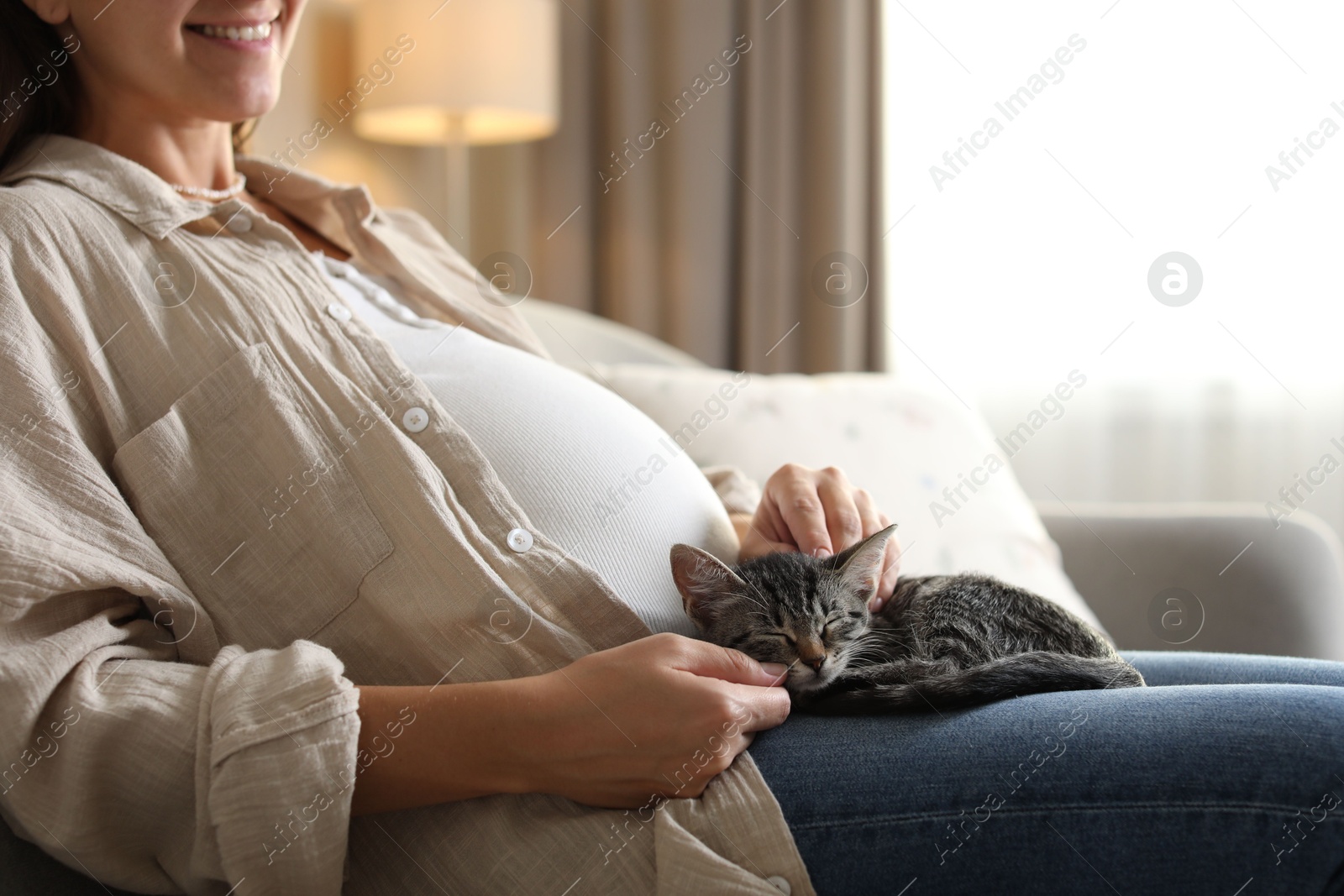 Photo of Pregnant woman with cute cat sleeping at home, closeup