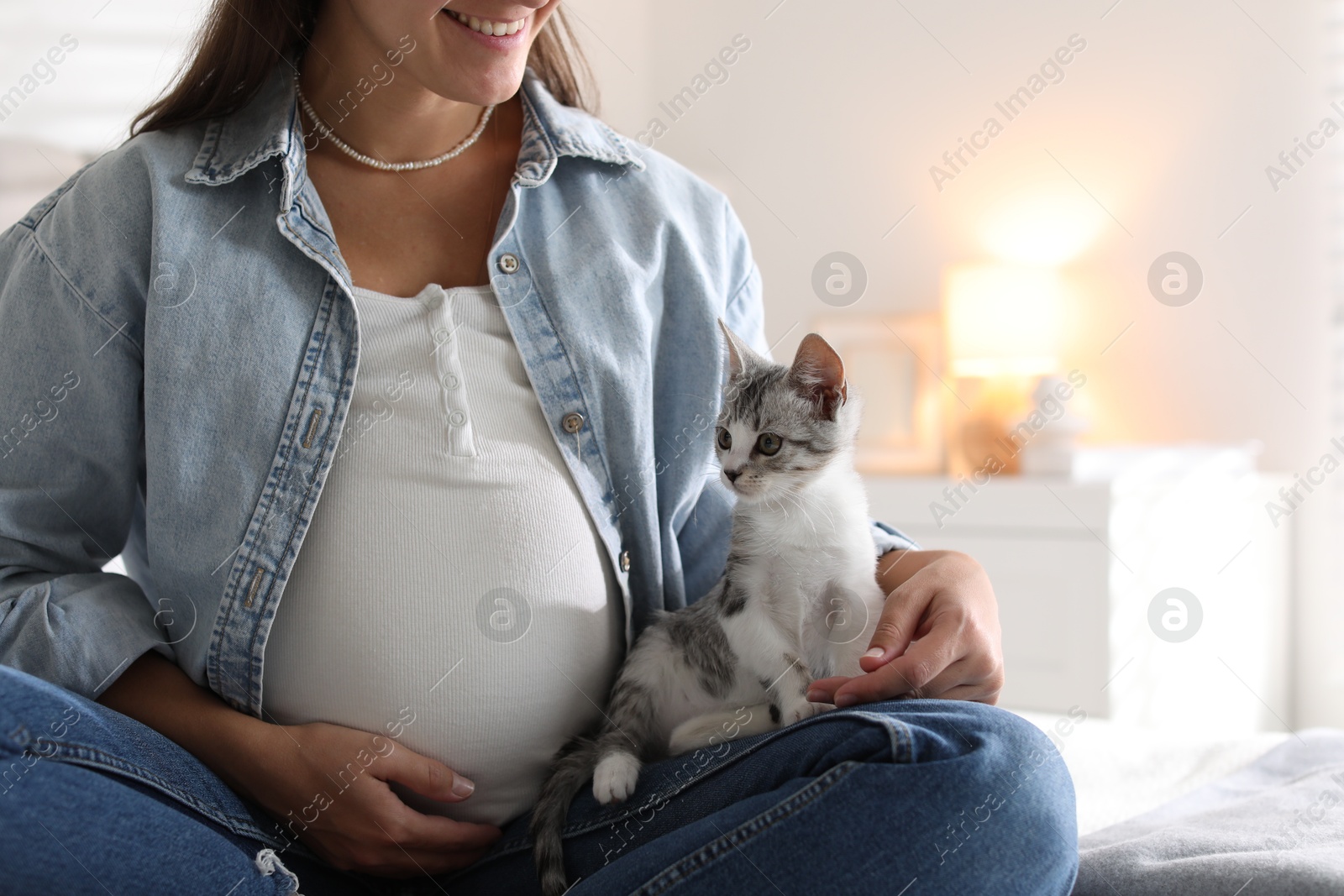 Photo of Pregnant woman with cute cat at home, closeup