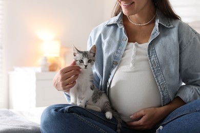 Pregnant woman with cute cat at home, closeup