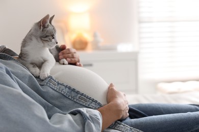 Photo of Pregnant woman with cute cat on her belly at home, closeup