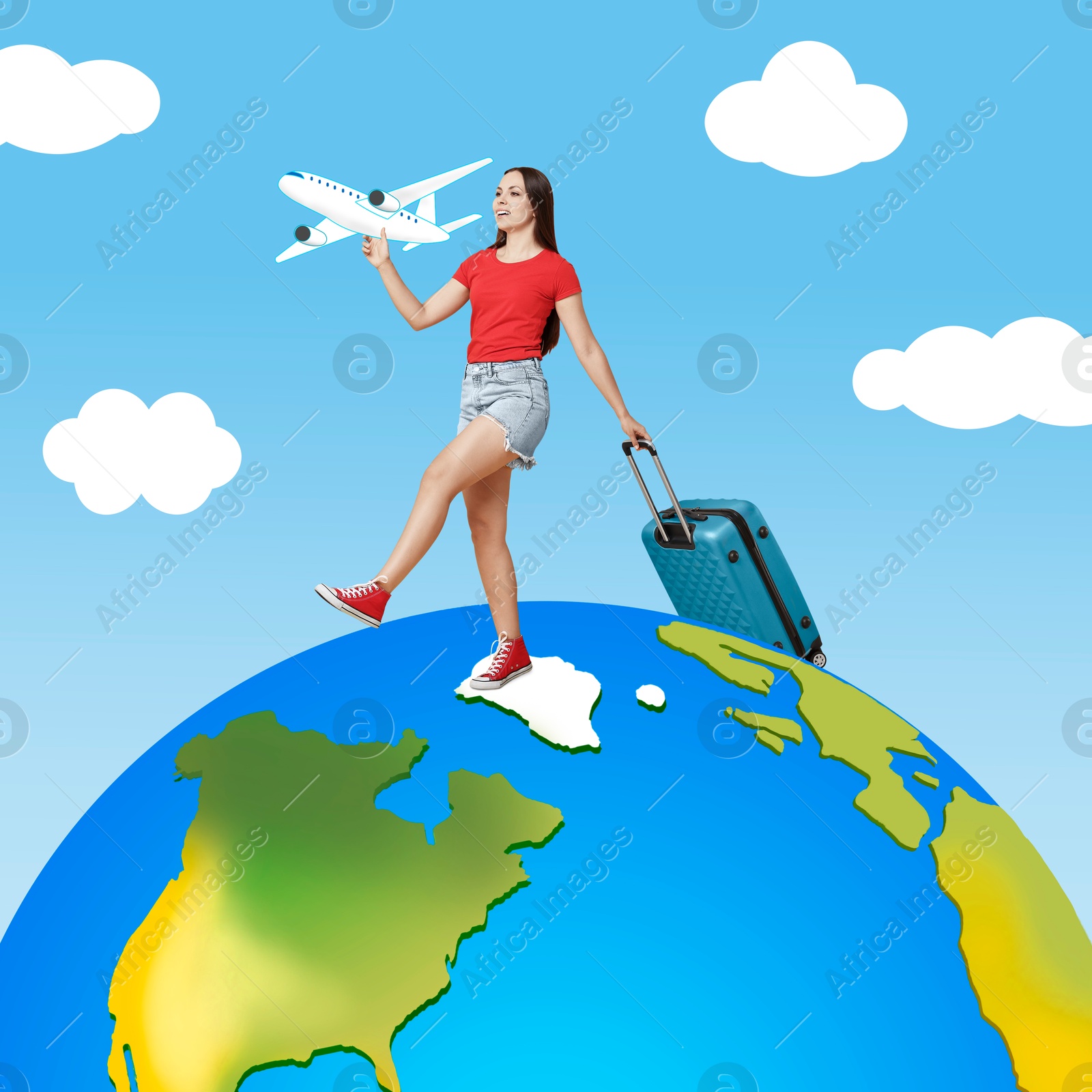 Image of Happy tourist with suitcase holding airplane and walking on globe. Creative travel poster