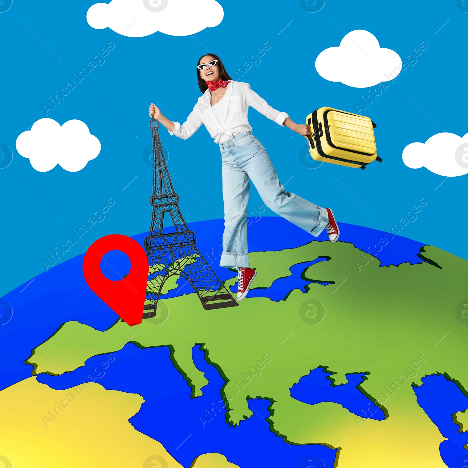 Image of Happy tourist with suitcase clinging to Eiffel tower on globe. Creative travel poster