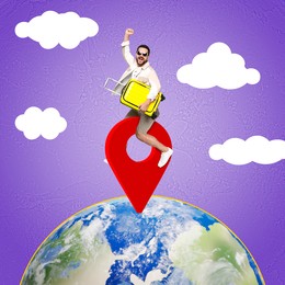 Image of Happy tourist with suitcase saddled red location mark on globe. Creative travel poster