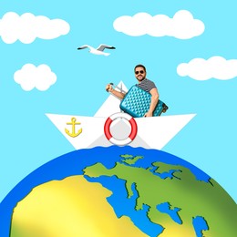 Happy tourist with suitcase in paper boat on globe. Creative travel poster