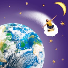 Image of Happy tourist flying on suitcase around globe. Creative travel poster