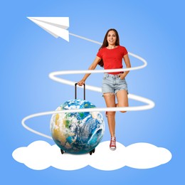 Image of Happy tourist with globe shaped suitcase running on cloud. Paper plane flying around her. Creative travel poster