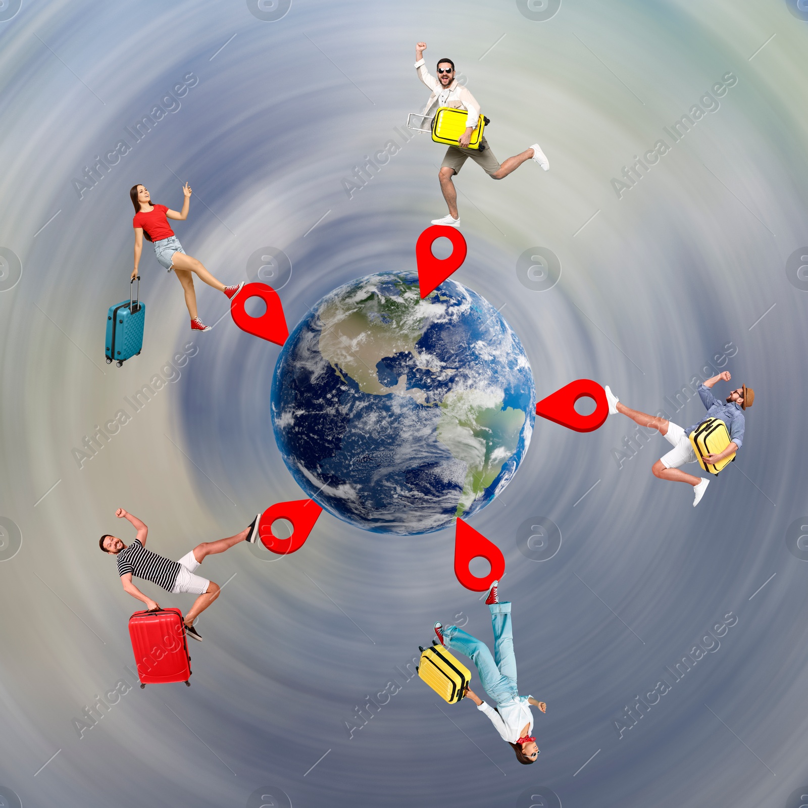 Image of Happy tourists with suitcases on red location marks arranged on globe. Creative travel poster