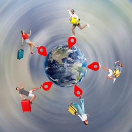 Image of Happy tourists with suitcases on red location marks arranged on globe. Creative travel poster