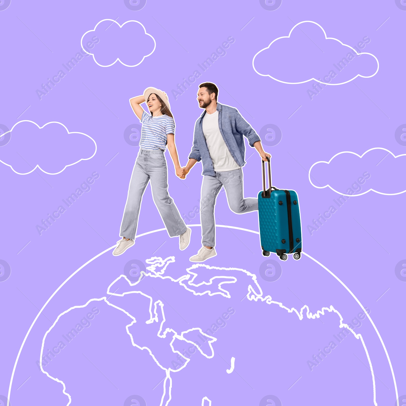 Image of Man with suitcase and woman walking on globe. Creative travel poster