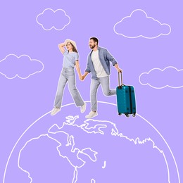 Man with suitcase and woman walking on globe. Creative travel poster