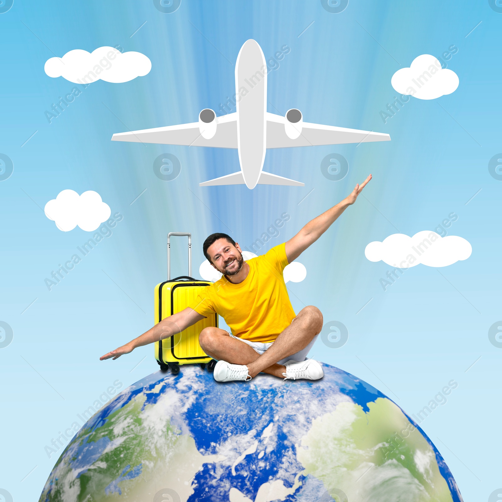 Image of Happy tourist with suitcase sitting on globe under flying plane. Man spreading his hands as wings of airplane. Creative travel poster