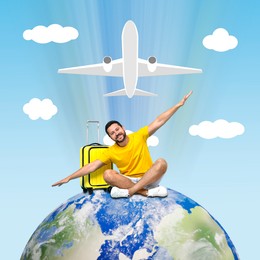 Happy tourist with suitcase sitting on globe under flying plane. Man spreading his hands as wings of airplane. Creative travel poster