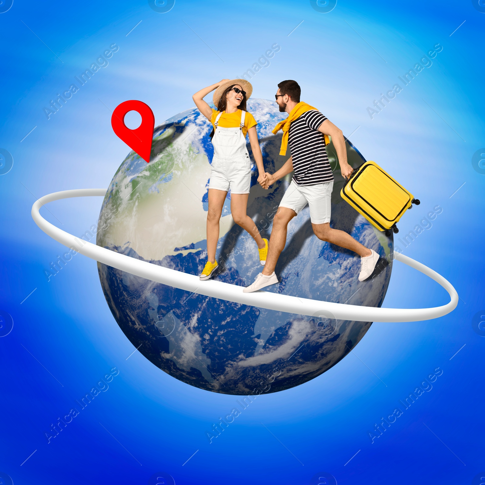 Image of Happy man with suitcase and woman running around globe with red location mark. Creative travel poster