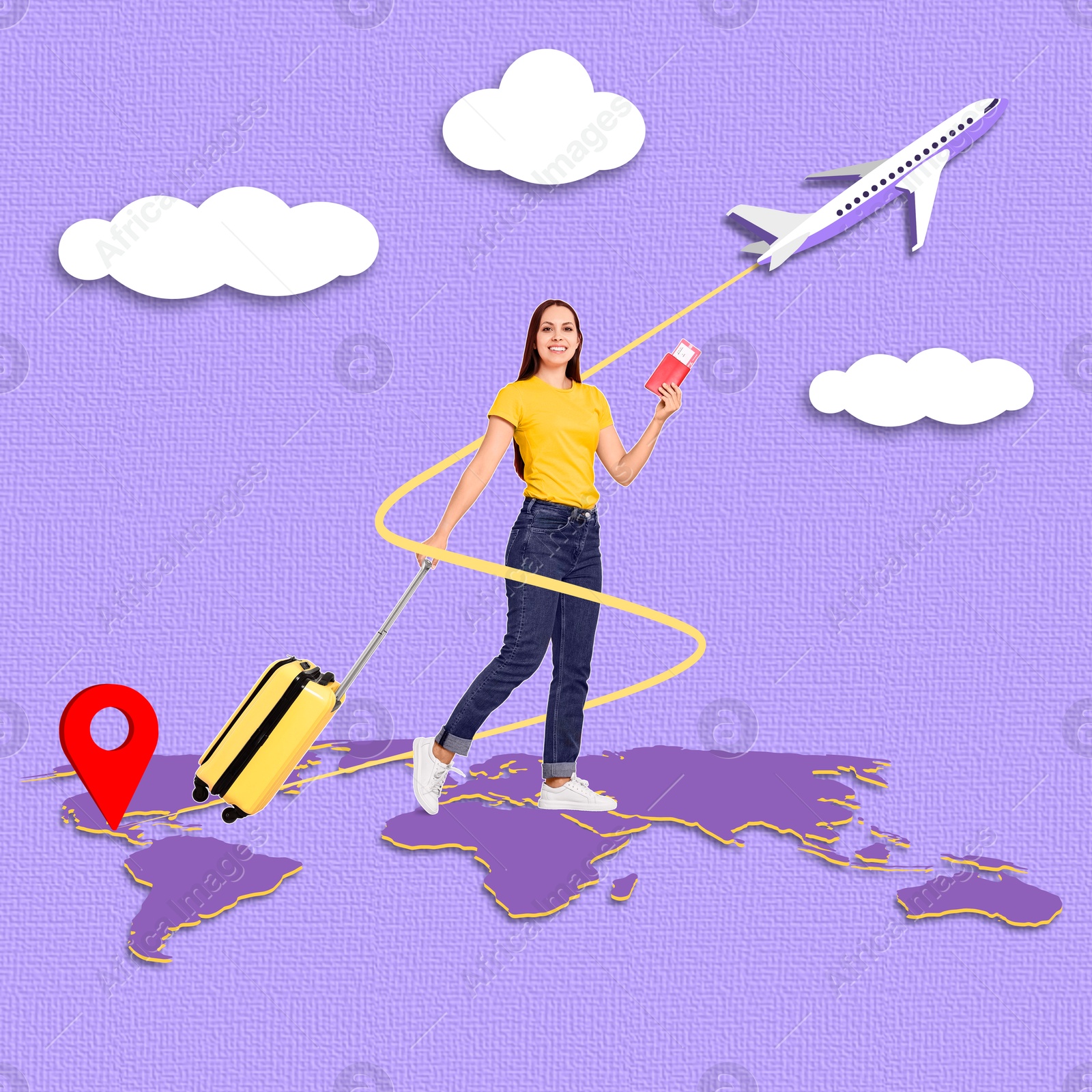 Image of Happy tourist with suitcase walking on world map with red location mark. Plane flying around her. Creative travel poster