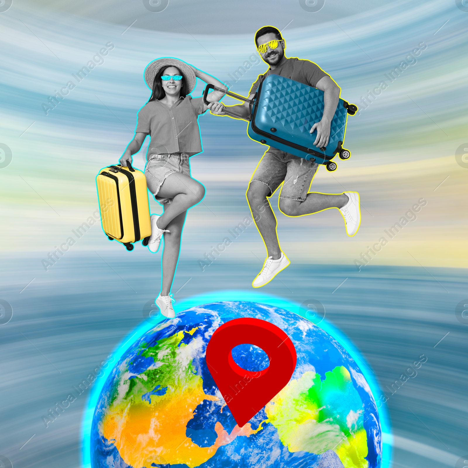 Image of Happy tourists with suitcases jumping over globe with red location mark. Creative travel poster