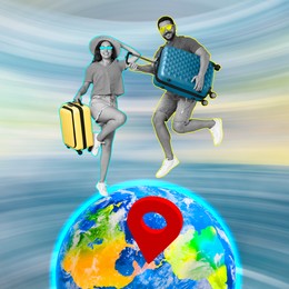 Happy tourists with suitcases jumping over globe with red location mark. Creative travel poster