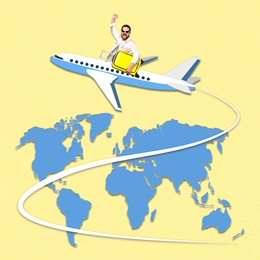 Happy tourist with suitcase sticking out of airplane over world map. Creative travel poster