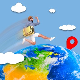 Image of Happy tourist with suitcase hurrying to location mark on globe. Creative travel poster