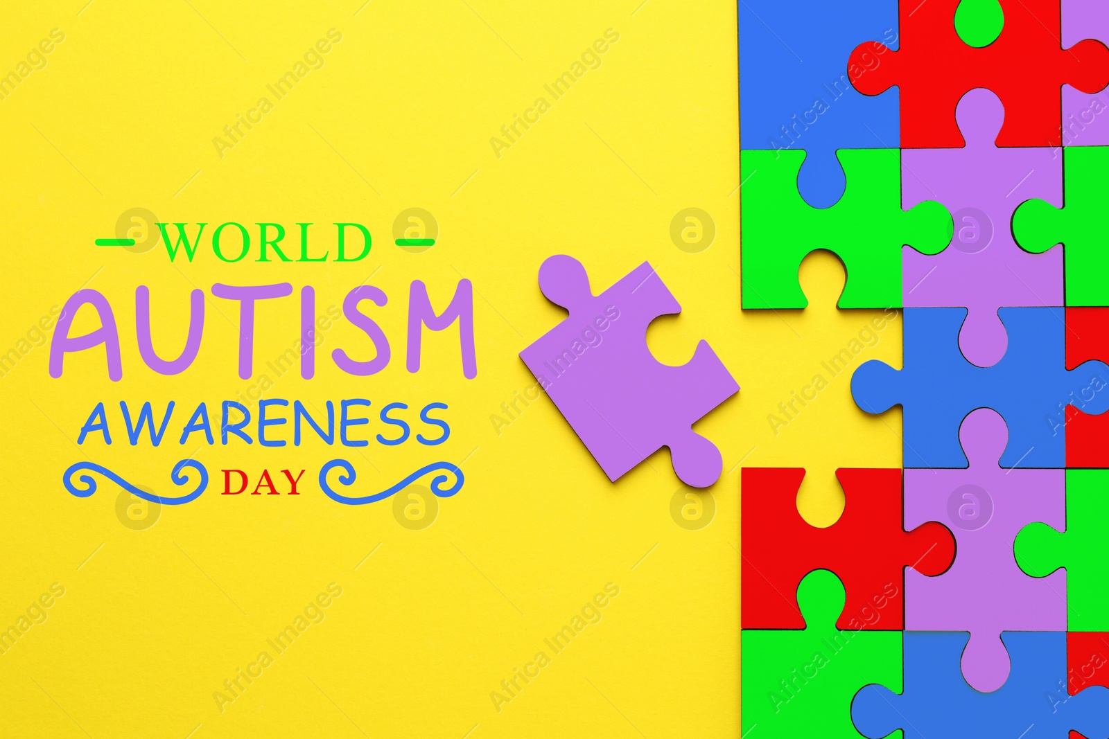 Image of World Autism Awareness Day text and colorful puzzle pieces on yellow background, top view