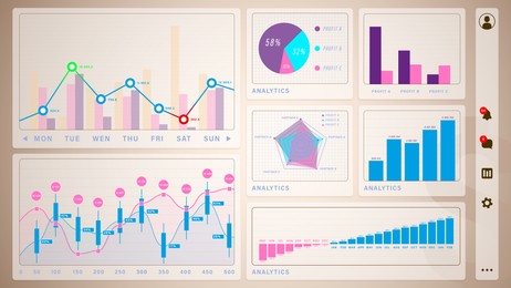 Different charts displaying financial trading information, illustration