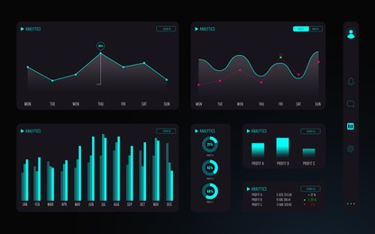 Different charts displaying financial trading information, illustration