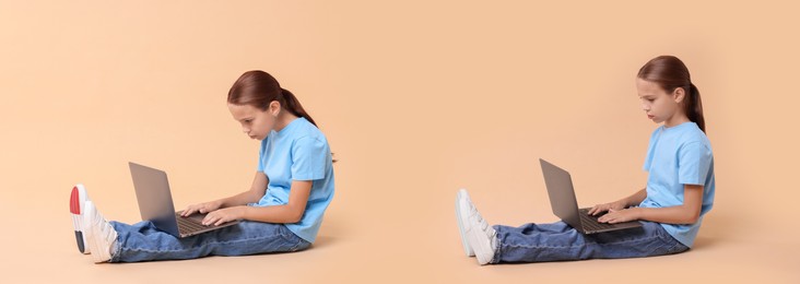 Good and bad posture, collage. Girl sitting with laptop on dark beige background