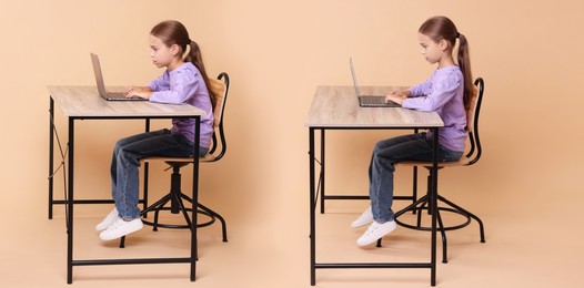 Image of Good and bad posture, collage. Girl using laptop at wooden desk on dark beige background