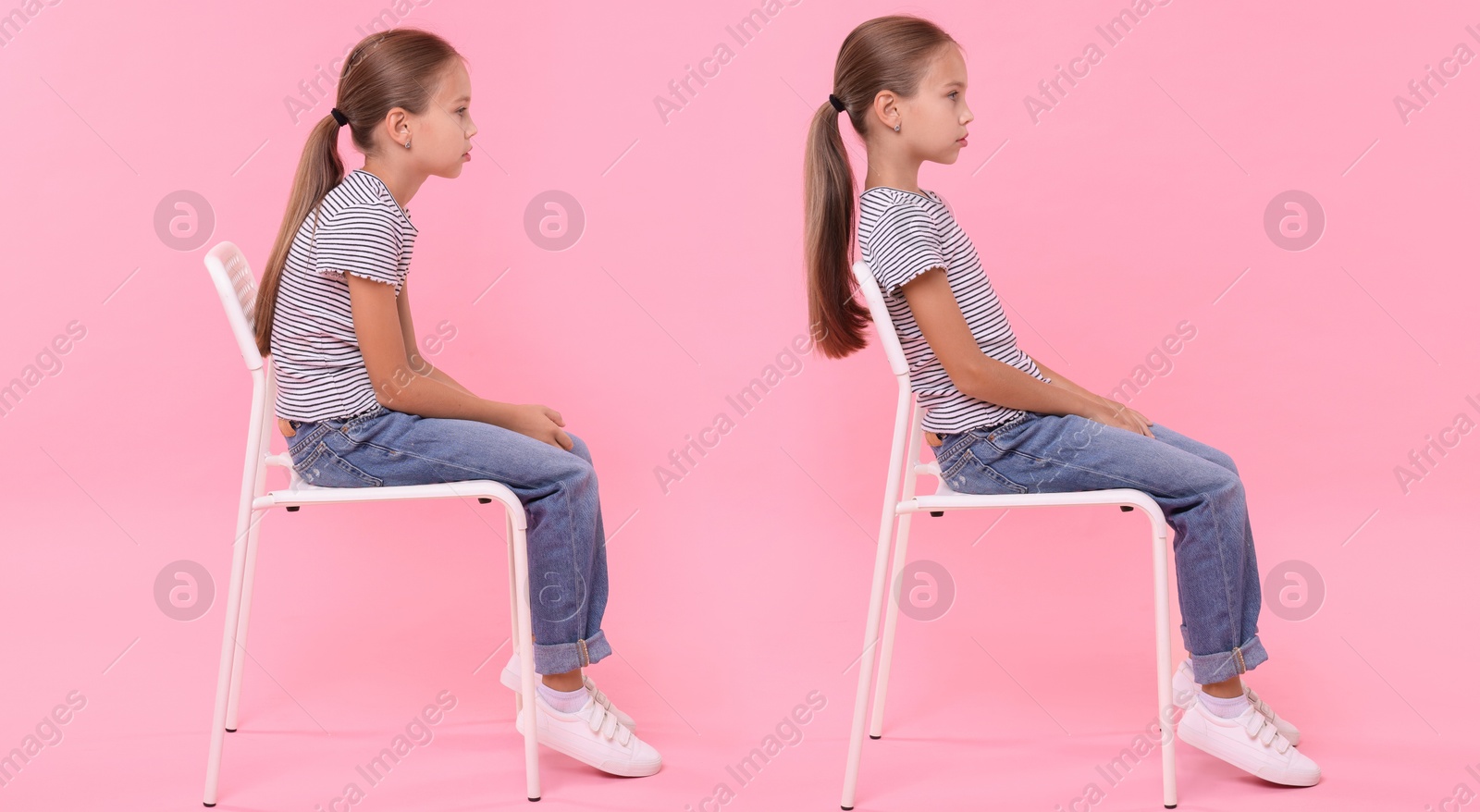 Image of Good and bad posture, collage. Girl sitting on chair against on pink background