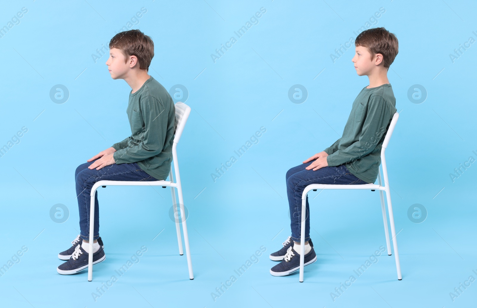 Image of Good and bad posture, collage. Boy sitting on chair against on light blue background