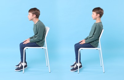 Image of Good and bad posture, collage. Boy sitting on chair against on light blue background