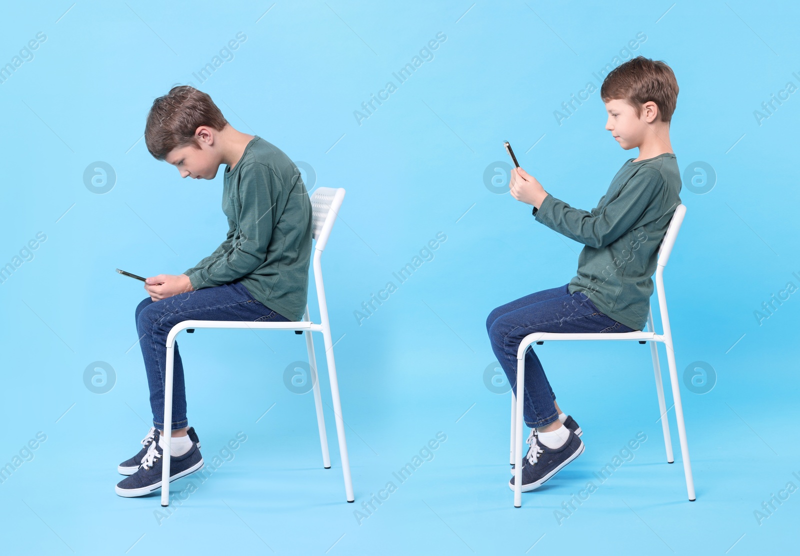 Image of Good and bad posture, collage. Boy with mobile phone and book sitting on chair against on light blue background