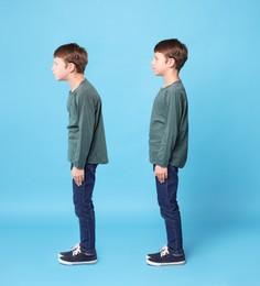 Good and bad posture, collage. Boy standing on dark light blue background, side view