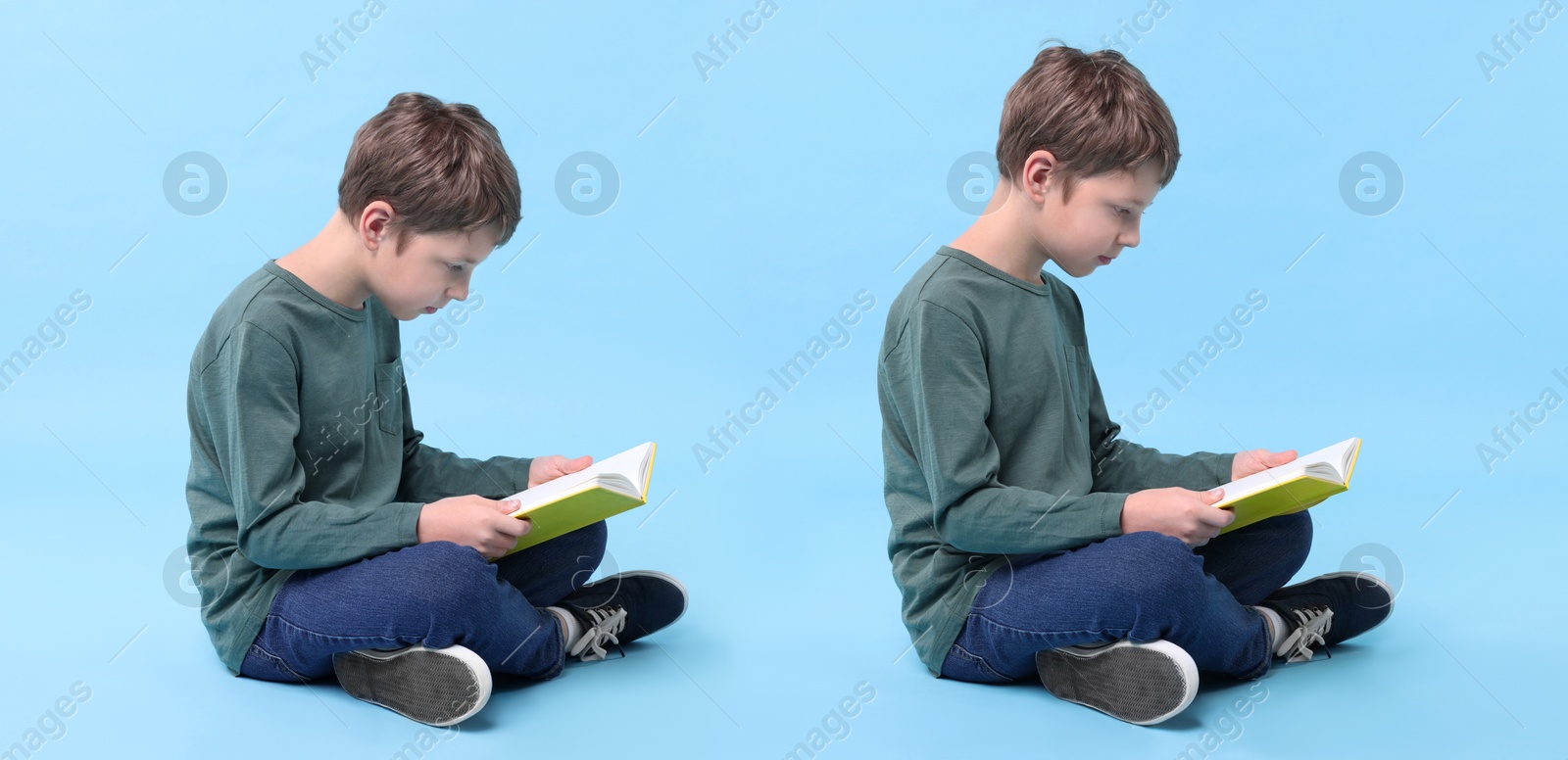 Image of Good and bad posture, collage. Girl sitting with book on light blue background