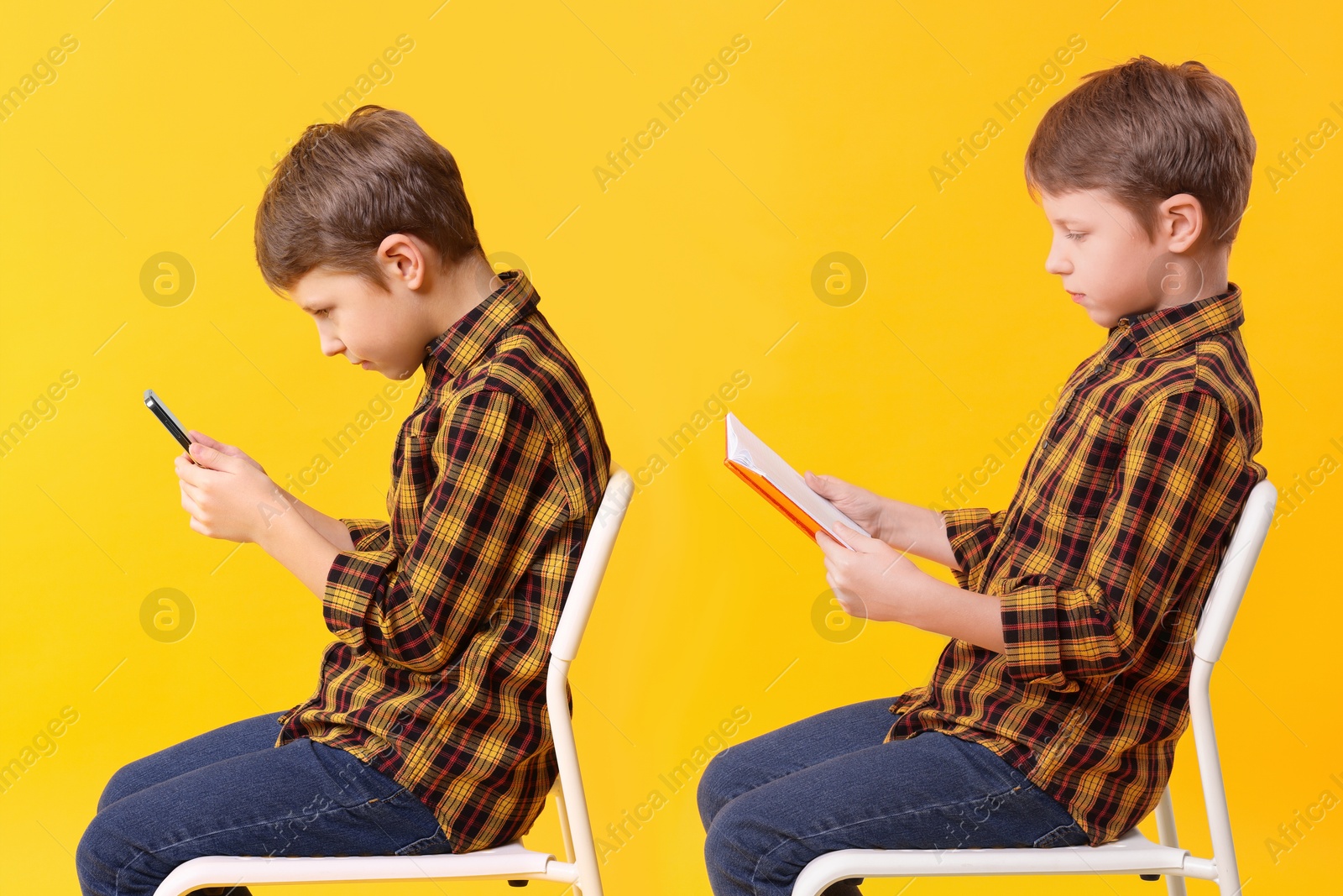 Image of Good and bad posture, collage. Boy with mobile phone and book sitting on chair against on orange background