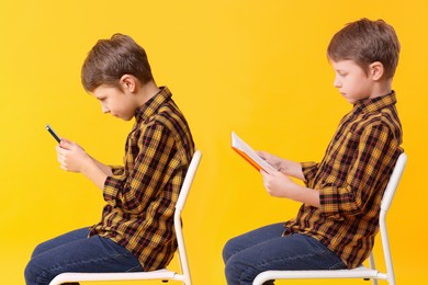 Good and bad posture, collage. Boy with mobile phone and book sitting on chair against on orange background