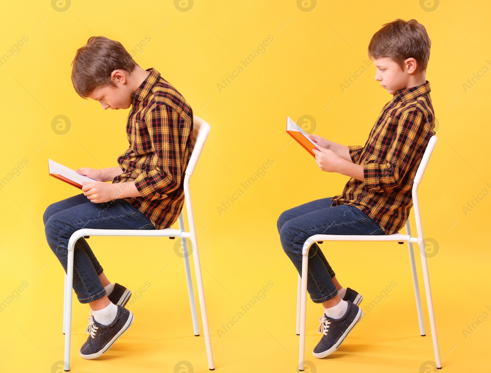 Image of Good and bad posture, collage. Boy with book sitting on chair against on orange background