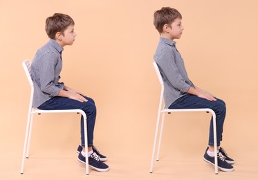 Good and bad posture, collage. Girl sitting on chair against on dark beige background