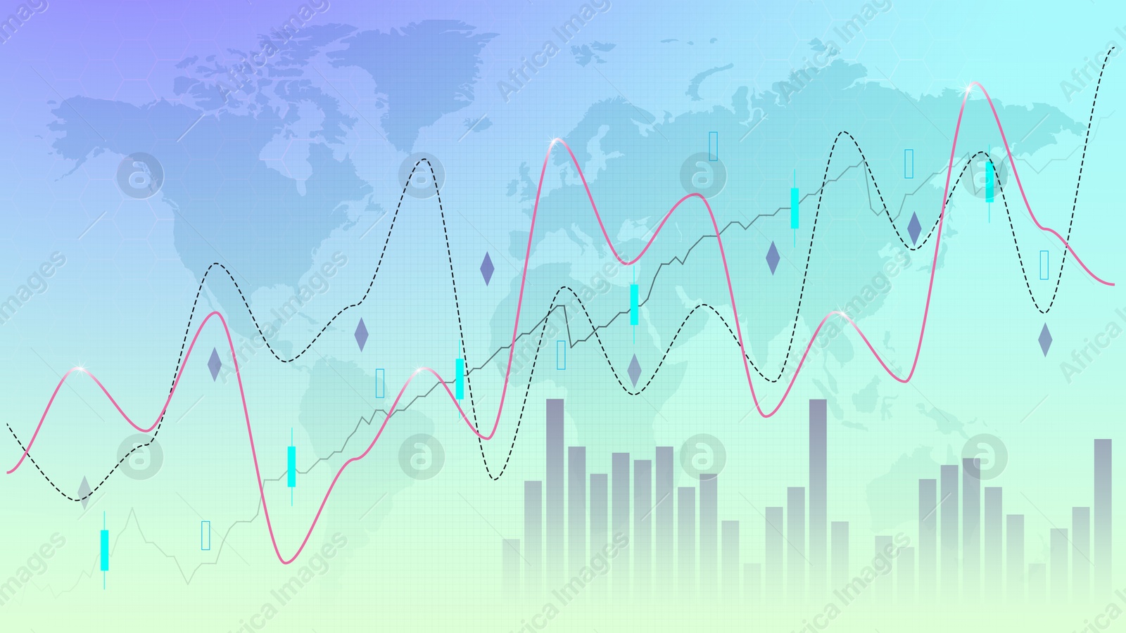 Image of Financial trading. Graphs and world map on gradient background, illustration