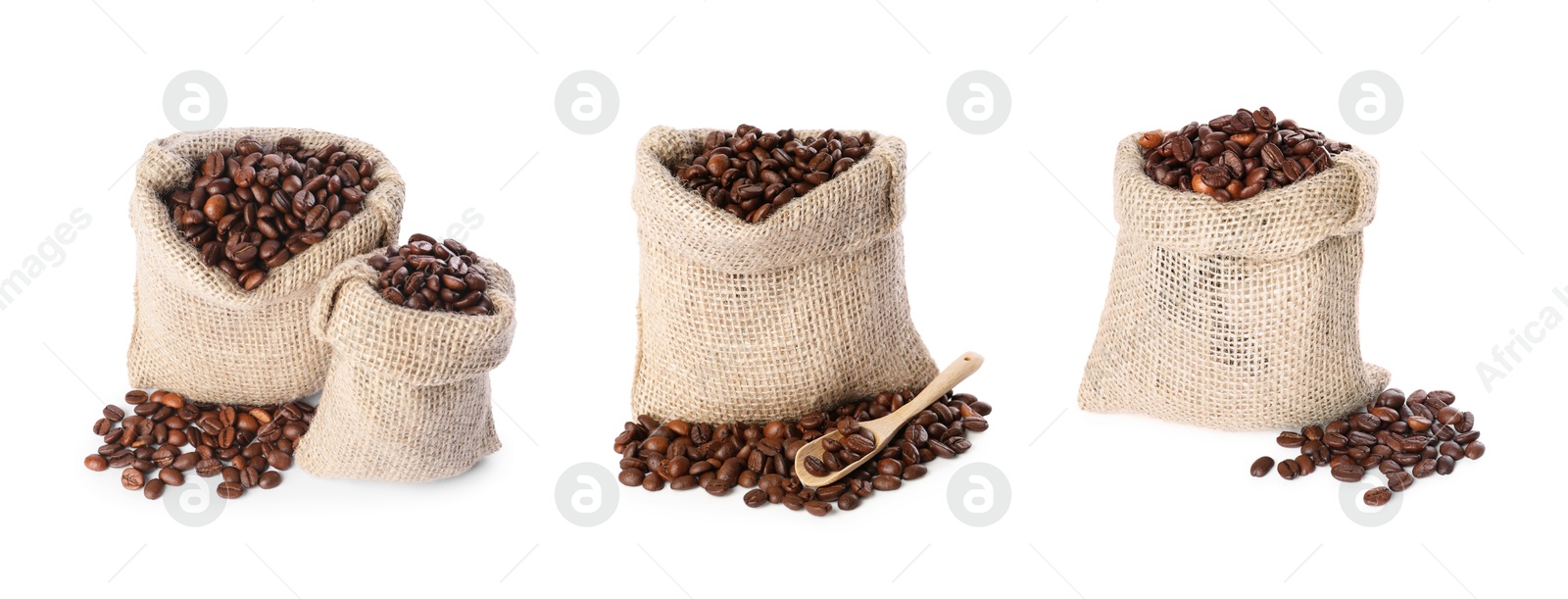 Image of Burlap bags with roasted coffee beans isolated on white, set