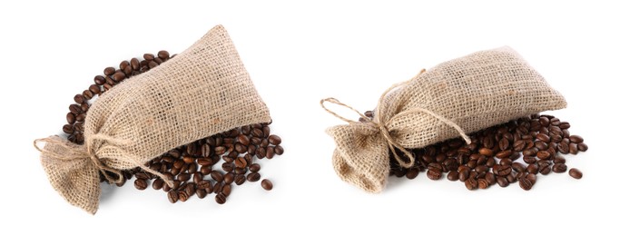 Image of Burlap bags and roasted coffee beans isolated on white, collage