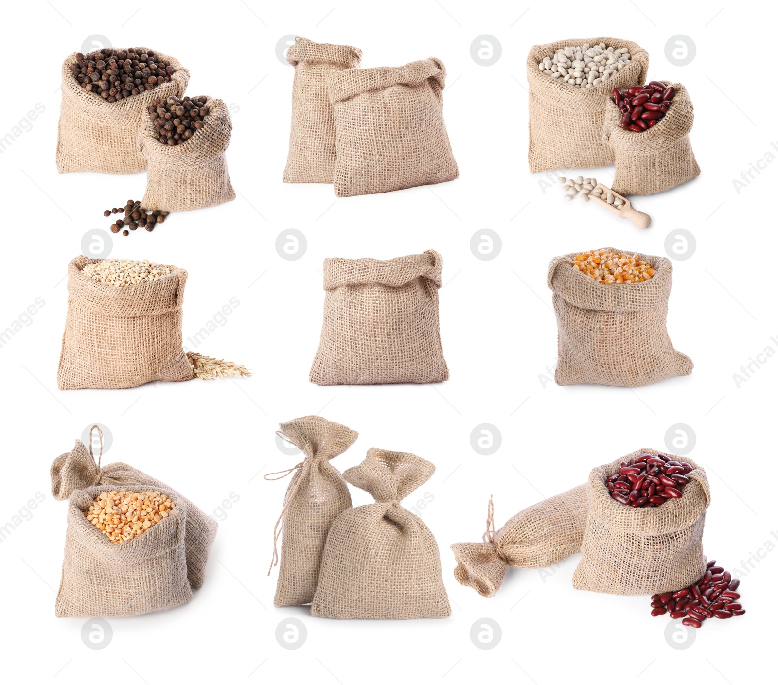 Image of Burlap bags with different beans and seeds isolated on white, set