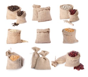 Image of Burlap bags with different beans and seeds isolated on white, set