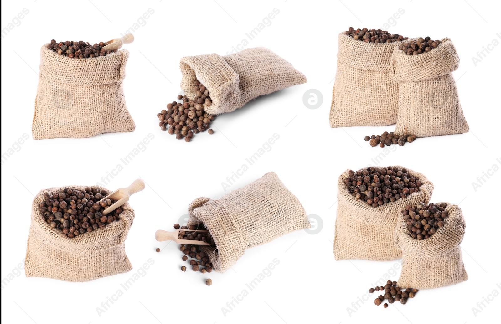 Image of Burlap bags with peppercorns isolated on white, set