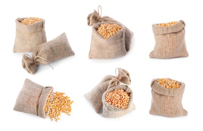 Image of Burlap bags with corn seeds and dried peas isolated on white, set