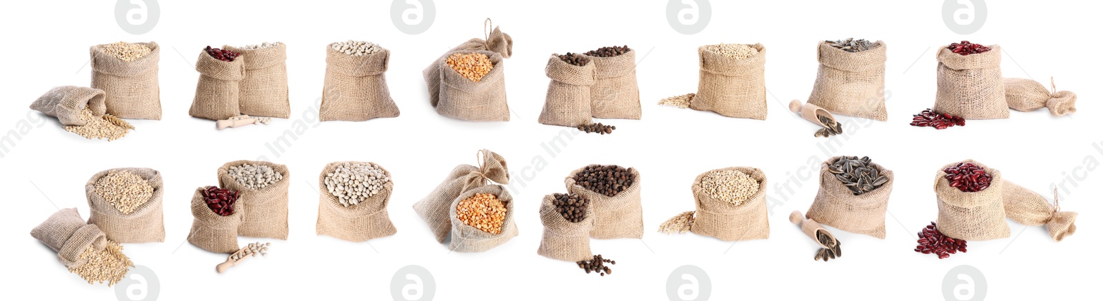 Image of Burlap bags with different beans and seeds isolated on white, set